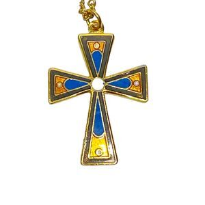 Cross Pendant on Gold Tone Chain Blue and Orange